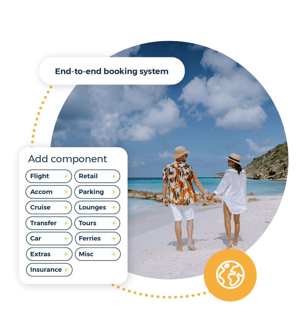 Couple on beach holiday. Add components graphic. End-to-end booking system call out.