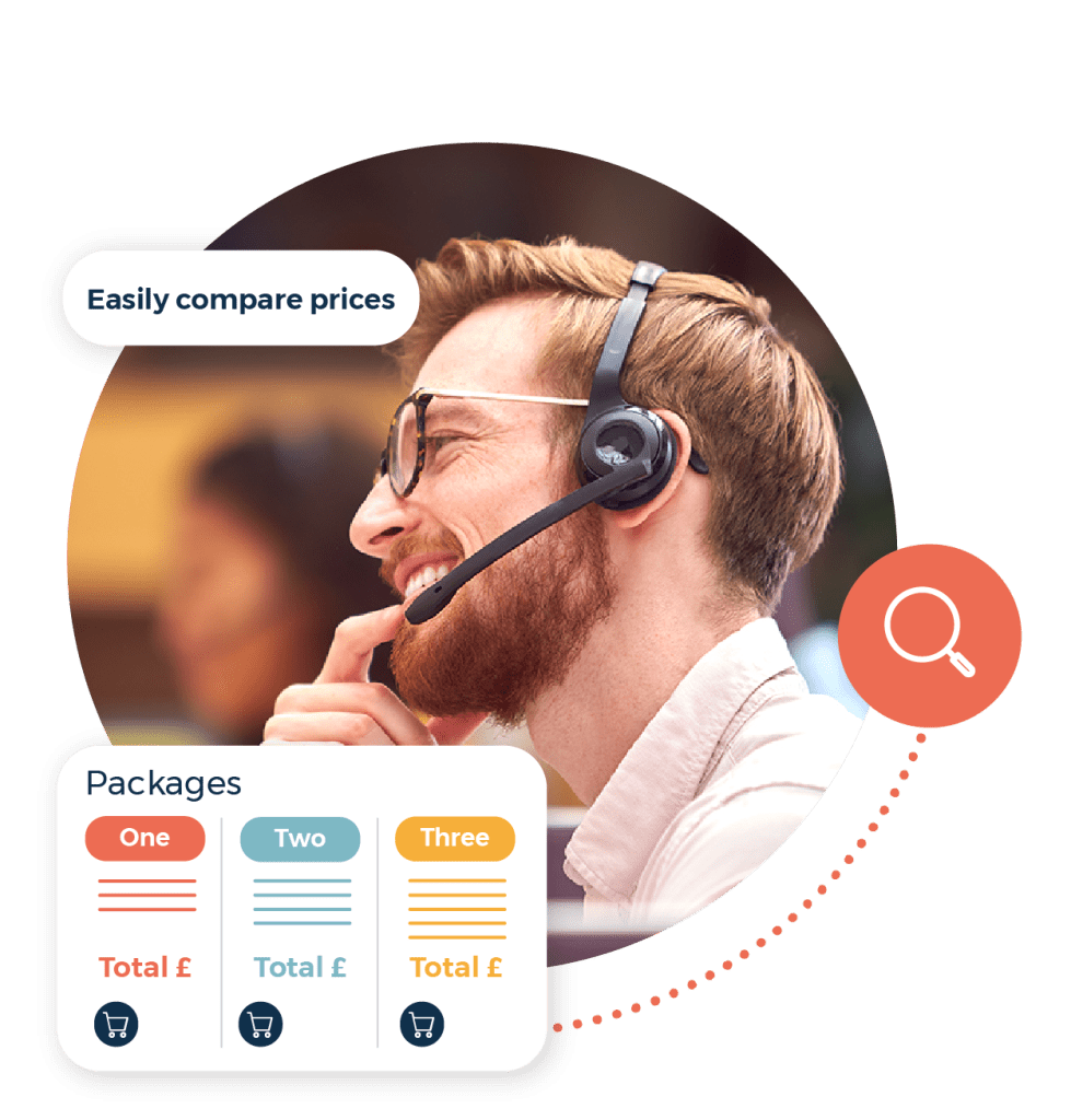 Happy man working in a call centre. Compare holiday package prices graphic. Easily compare prices call out.