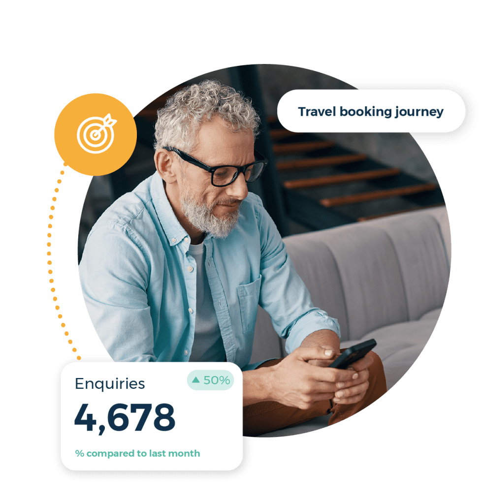 Travel booking journey call out. 4678 enquiries. man looking at mobile phone.