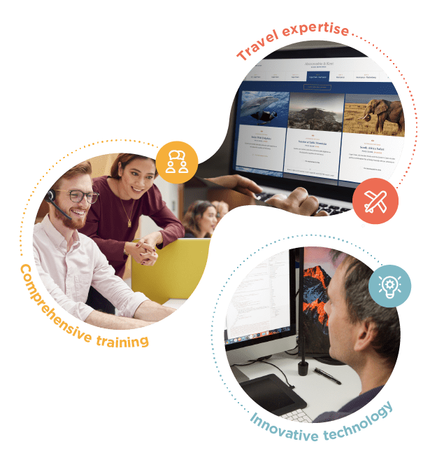 Comprehensive training, travel expertise and innovative technology call outs. Happy people working in a call centre. Inspiretec bookable travel website. Inspiretec developer working on a computer.