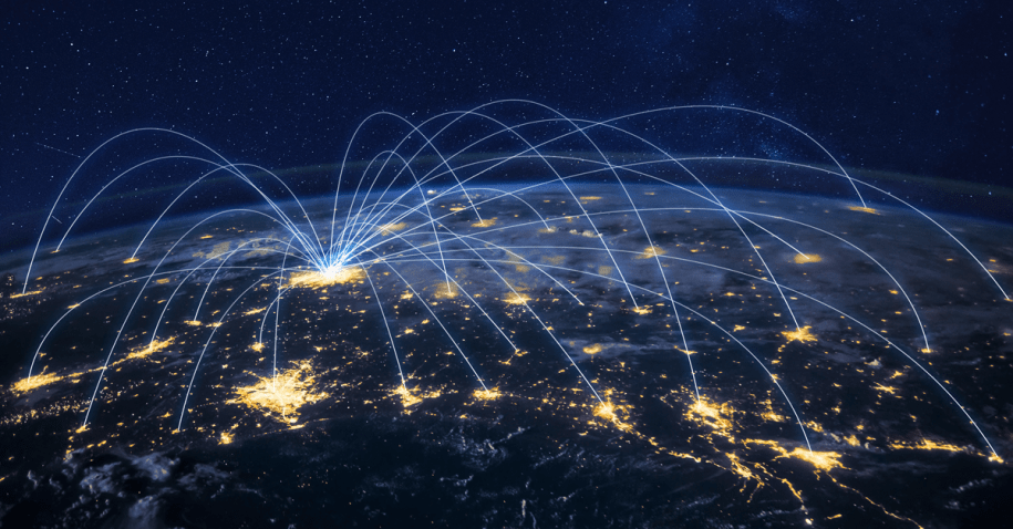 Aerial view of Earth with lines joining technology