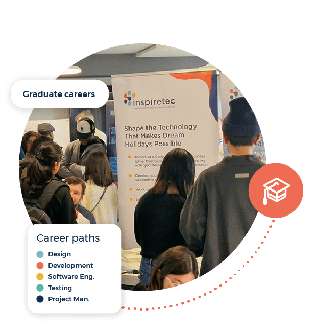 Graduate careers call out. Inspiretec at a graduate recruitment fair. Career paths graphic