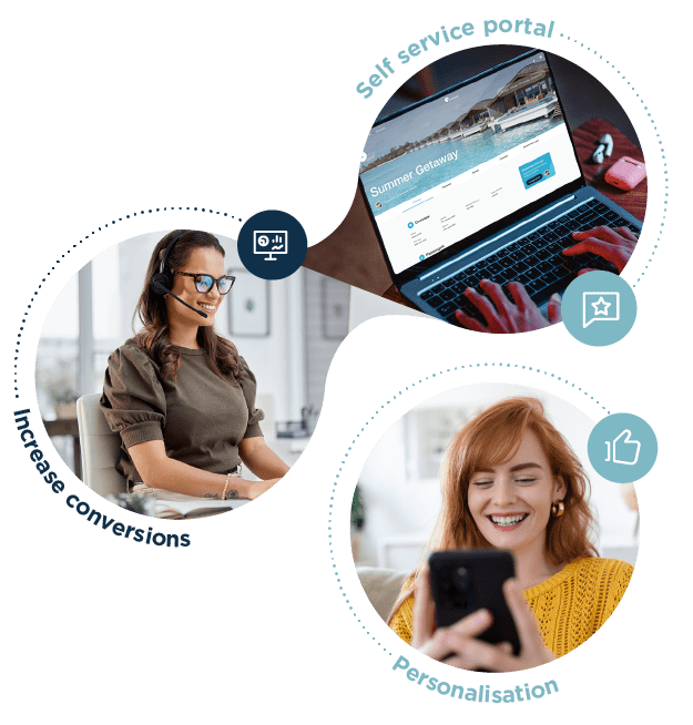 Inspiretec travel CRM, Happy woman working, Inspiretec CRM self-service screenshot on laptop, happy woman looking at a mobile phone.