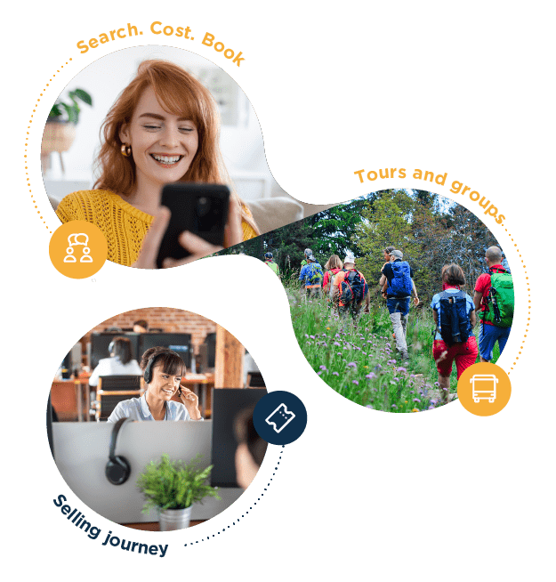 Inspiretec travel reservation system. Happy woman looking at a mobile phone. Happy woman working in a call centre. Group walking tour holiday.