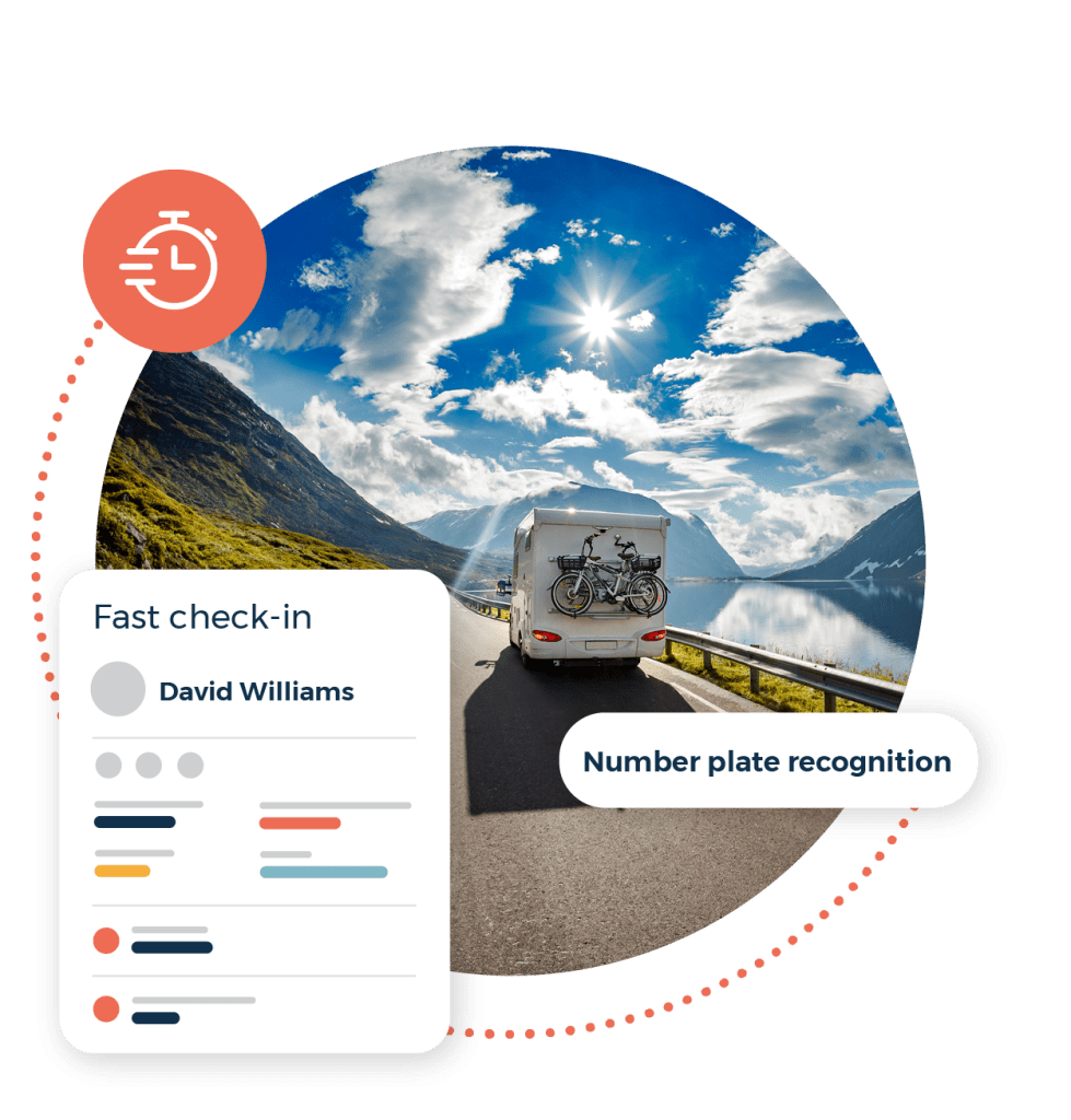 Number plate recognition call out. Fast check in graphic. Caravan driving on a road.