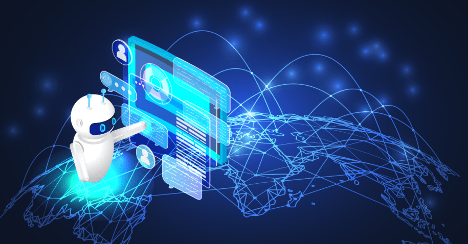 Robot in control of website chat above the Earth