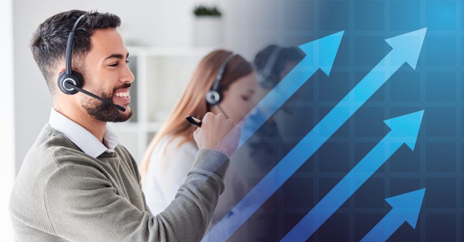 Man in call centre with business growth arrows