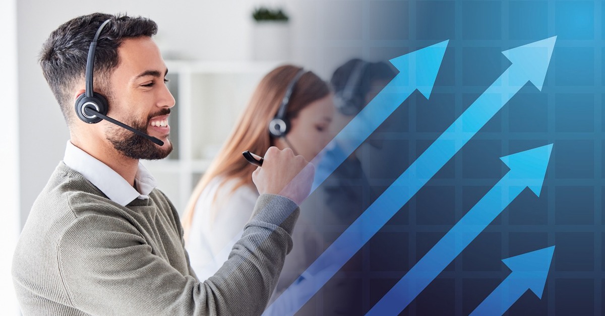 Man in call centre with business growth arrows