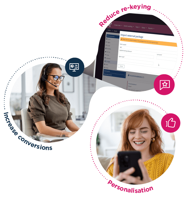 Happy travel agent with headset, Inspiretec AGENT platform import bookings. Smiling customer on mobile.