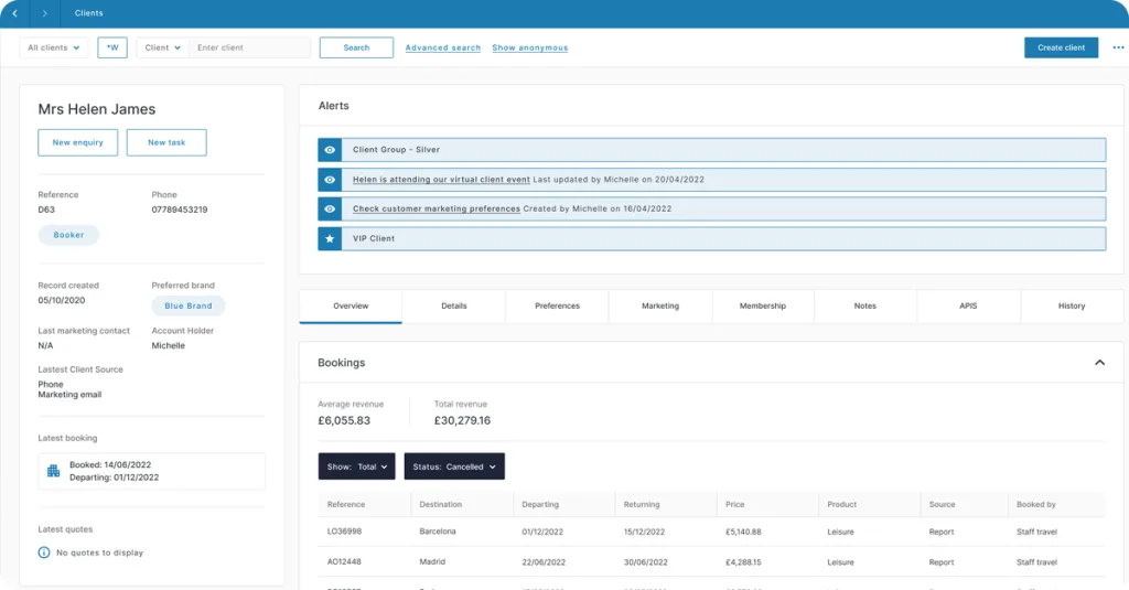 Inspiretec travel CRM client record